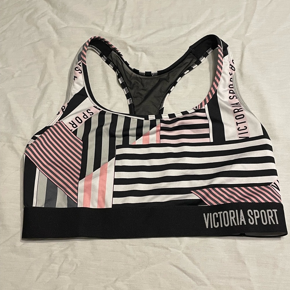 Victoria's Secret Striped Sports Bra - Pink, Black, and Gray